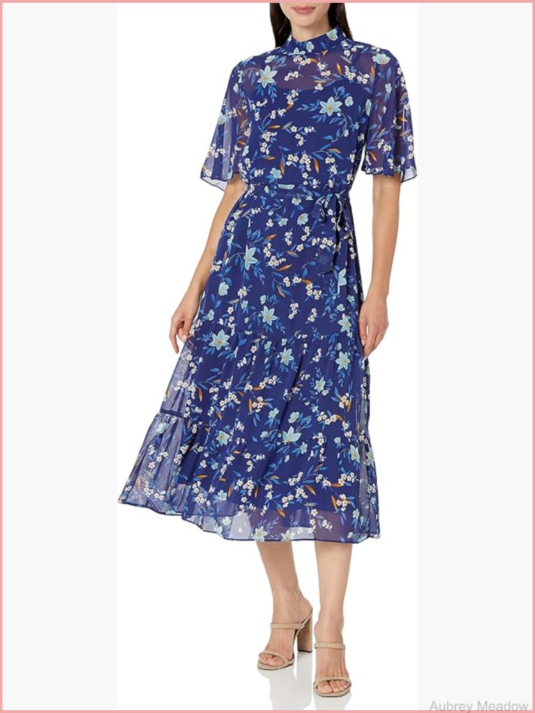 Mock Neck Tiered Midi Dress, Floral Chiffon Sheer Elbow Sleeve, Lightweight